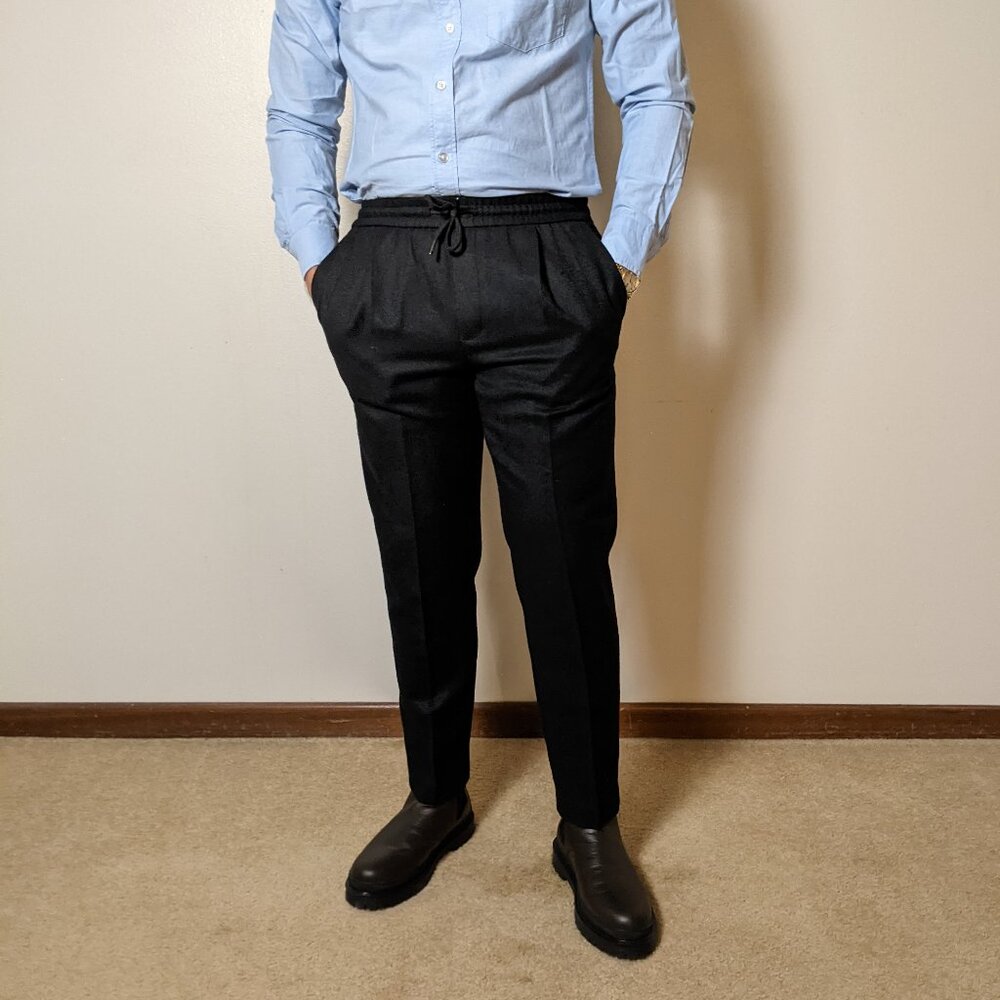 Black Drawstring Flannel Trousers